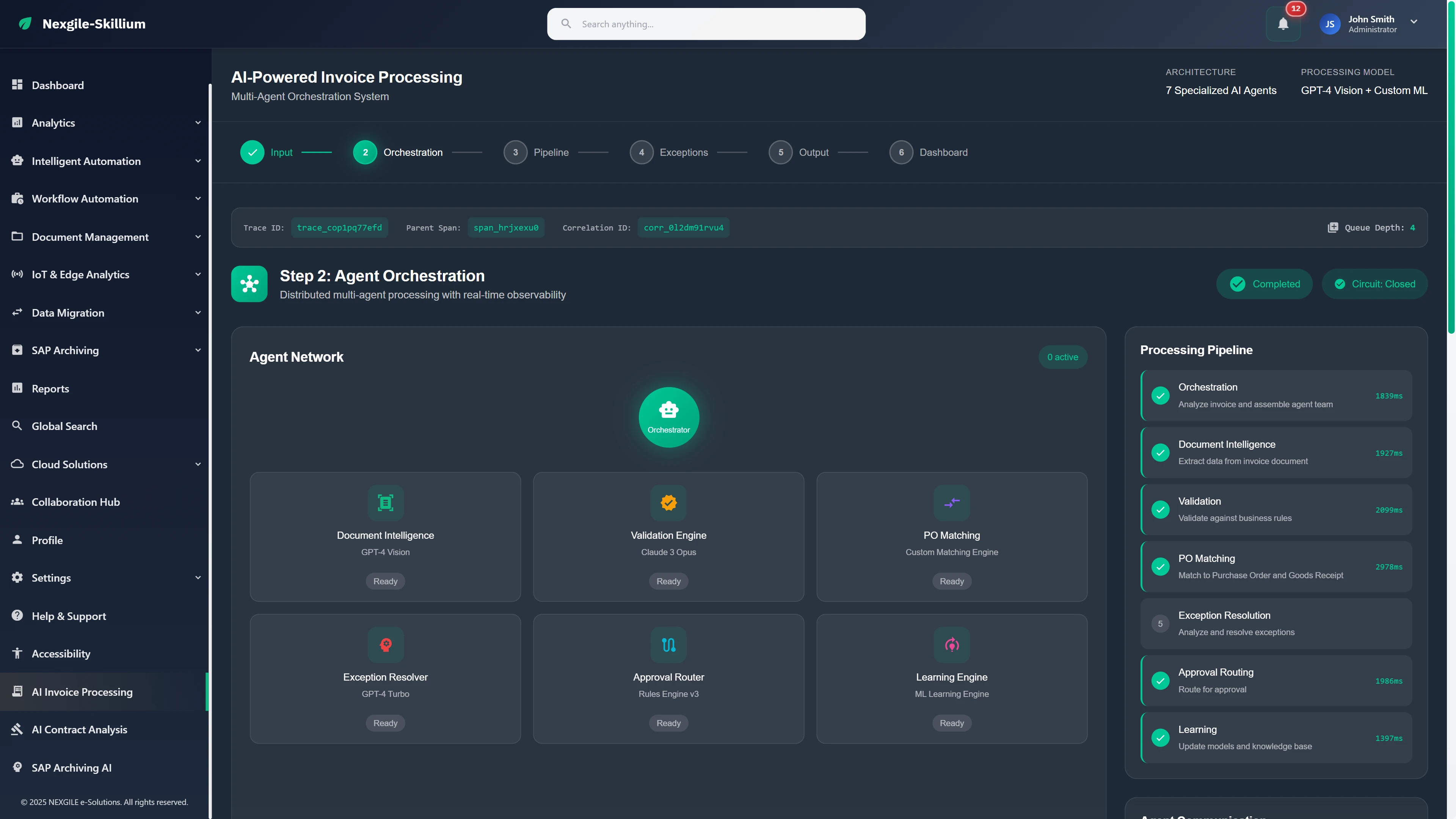 Agent Orchestration Network - Multi-agent coordination view showing all 7 specialized agents with real-time processing pipeline status